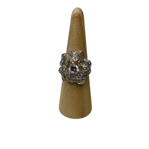 Nolan Miller Clear Crystal Rose Flower Cocktail Statement Ring Silver Tone - 9